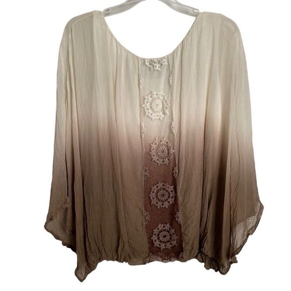 Giulia Womens 100% Italian Silk Blouse M Brown Ombre Embroidered Bubble Hem - Picture 2 of 8